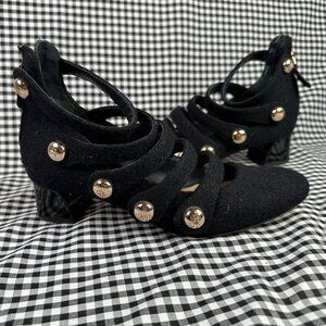 Tory Burch Marisa Low Heel Black Gold Wool Strappy Mary Jane Pumps Women's 6